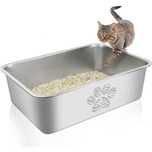 Stainless Steel Cat Litter Box High Side Cats Toilet Metal Kitten Litter Pan, Pet Cleaning Tool for Cats, Rabbits, Splash-Proof and Non-Stick Tabby Paw Cat Poop Box odorless 23.6"x15.7"x5.9"