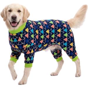 LovinPet Big Dogs PJS Onesies, Blue Triangle Print, Post Surgery Shirt, UV Protection, Pet Anxiety Relief, Wound Care Onesie for Large Dog,3XL (Green)