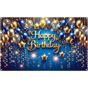 Nuxovilar Blue Gold Happy Birthday Banner - Elegant Balloons & Stars Party Backdrop, 71x43 Inch Large Glamorous Birthday Sign for Yard&Party Decorations