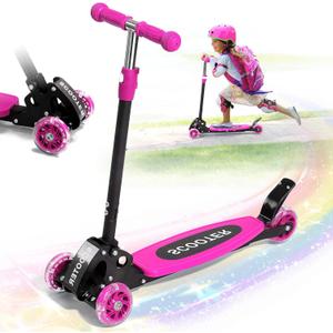 Kick Scooter for Kids 3-7 Ages - Light Up 3 Wheel Scooters,Lean-to-Steer,Three Adjustable Height Scooter for Kids, Wide Dual Rear Wheels,Safe Stable Ride for 3-5,5-7 Year Old Girl Boy Kid