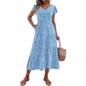 Zeagoo Women's Summer Casual Dress Flutter Short Sleeve V Neck Button Down Tiered Flowy Long Dress with Pockets (Blue White Floral) 9