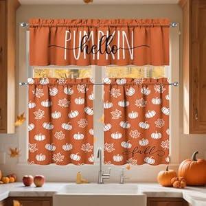 Fall Pumpkin Kitchen Window Curtains, Orange Farmhouse Style Cafe Curtains Over Sink, Thanksgiving Bathroom Bedroom Living Room Window Tier and Valance 3 Pieces Set