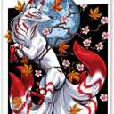 Japanese Wall Art Decor, Fox Decor, Japanese Fox And Sukura Wall Art Decorations with Scroll Wood Framed, Sushi Restaurant Decor, Modern Artwork Hanging For Living Room Bedroom, 15.7x27.5 inches