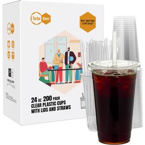 Turbo Bee 200 Sets 24 OZ Clear Plastic Cups with Lids and Straws, Disposable To Go Iced coffee cups with lids for Cold Drinks, Smoothie, and Slushie