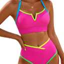 BMJL Women's High Waisted Bikini Sets Color Block Sporty Two Piece Swimsuits Tummy Control V-Neck Crop Top Bathing Suits, XL