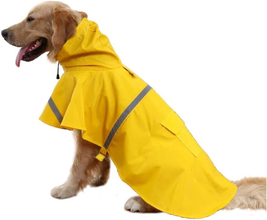 Mikayoo Large Dog Raincoat Adjustable Pet Waterproof Clothes Lightweight Rain Jacket Poncho Hoodies with Strip Reflective(Yellow,XXXL)