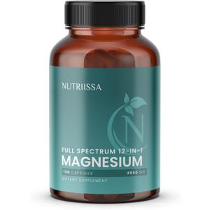 Nutriissa 12-in-1 Full-Spectrum Magnesium Complex 2950 mg Magnesium Blend Providing 540 mg Elemental Magnesium Featuring Magtein, Glycinate, Taurate & Malate EPEB Certified 120 Vegan Capsules, BB Date Not Found 