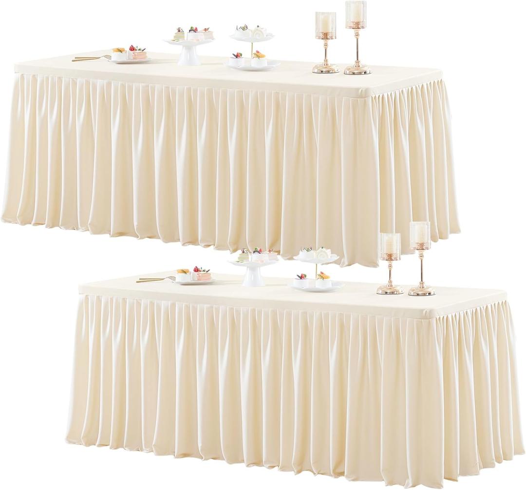 2 Packs Light Champagne Polyester Table Clothes for 6 Foot Rectangle Tables, Wrinkle Free Fitted Table Cover 6ft Stretch Tablecloths with Skirt for Parties Weddings Birthday Banquet Baby Shower