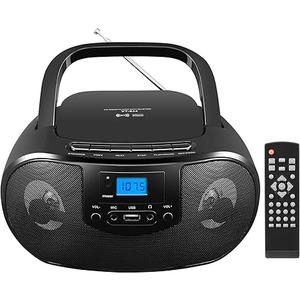 Portable CD Player Boombox with FM Radio, Top Loading CD Stereo Boom Box for Home, Bluetooth, Remote Control, LED Light, Headphone/Mic Jack, Support CDR/RW/MP3CD, USB, LCD Display, Black