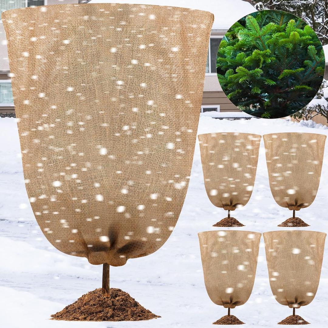 Windyun 5 Pcs Winter Burlap Plant Covers Reusable Warm Burlap Bags with Drawstring Large Size Freeze Protection Bags for Outdoor Plants Frost Blankets for Trees Garden Cold Weather (31.5 x 47.2'')