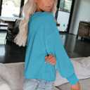 Tobrief Women's V Neck Long Sleeve Waffle Knit Tops Off Shoulder Oversized Pullover Sweater (Blue, M)