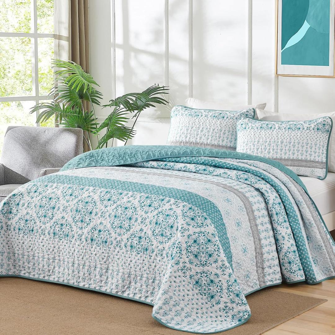 Dintszyayue Boho Striped Quilt Set Queen Size, Bohemian Aqua Bedspread Coverlet Set for All Seasons, 3 Pieces Lightweight Paisley Floral Bedding Set with 2 Pillowcases 96"90"