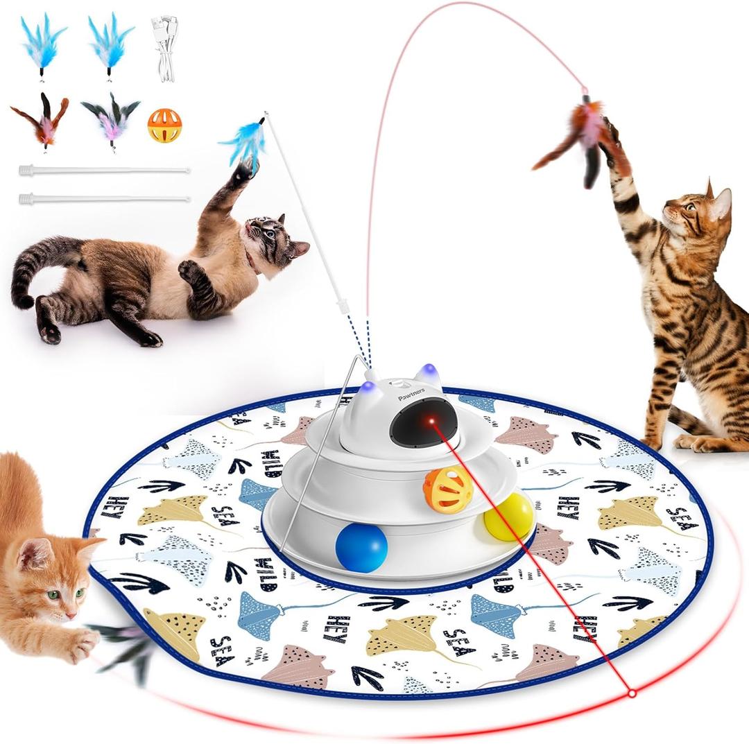 Interactive Cat Toy: 5 in 1 Automatic Cat Toy for Indoor Cats, Rechargeable Hide and Seek Toy with PVC Cover, Battery Operated Kitten Laser Toy, Self Play Fluttering Feather Wand with Track Ball (White + 4 Feathers + 3 Poles)