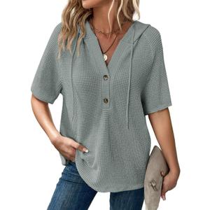 Dokotoo Womens Summer Tops Waffle Knit Short Sleeve Lightweight Drawstring Hoodies Button V Neck Casual Blouses Shirts (Green, M)