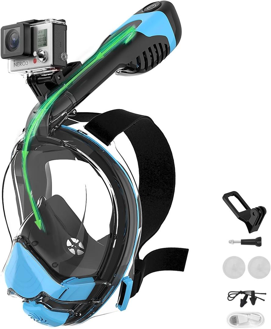 Electric Full Face Snorkel Mask Adult, Snorkeling Gear for Adults with 180 Panoramic View and Latest Dry Top System, Patented Airflow System with Fan Assistance (Large/X-Large, Black Blue)