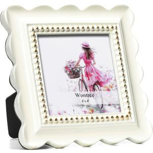 Wavy 4x4 Picture Frame White with Gold Beaded Trim, Resin Frame with Real Glass, Vertical and Horizontal Desk Tabletop or Wall Hanging