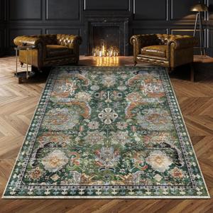 RUGSURE Washable Area Rugs - Perfect for Living Room, Bedroom, Kids Room, Nursery - Stain & Water Resistant Non-Slip, Pet & Child Friendly, Vintage Tribal Area Rugs (Green, 6' x 9')