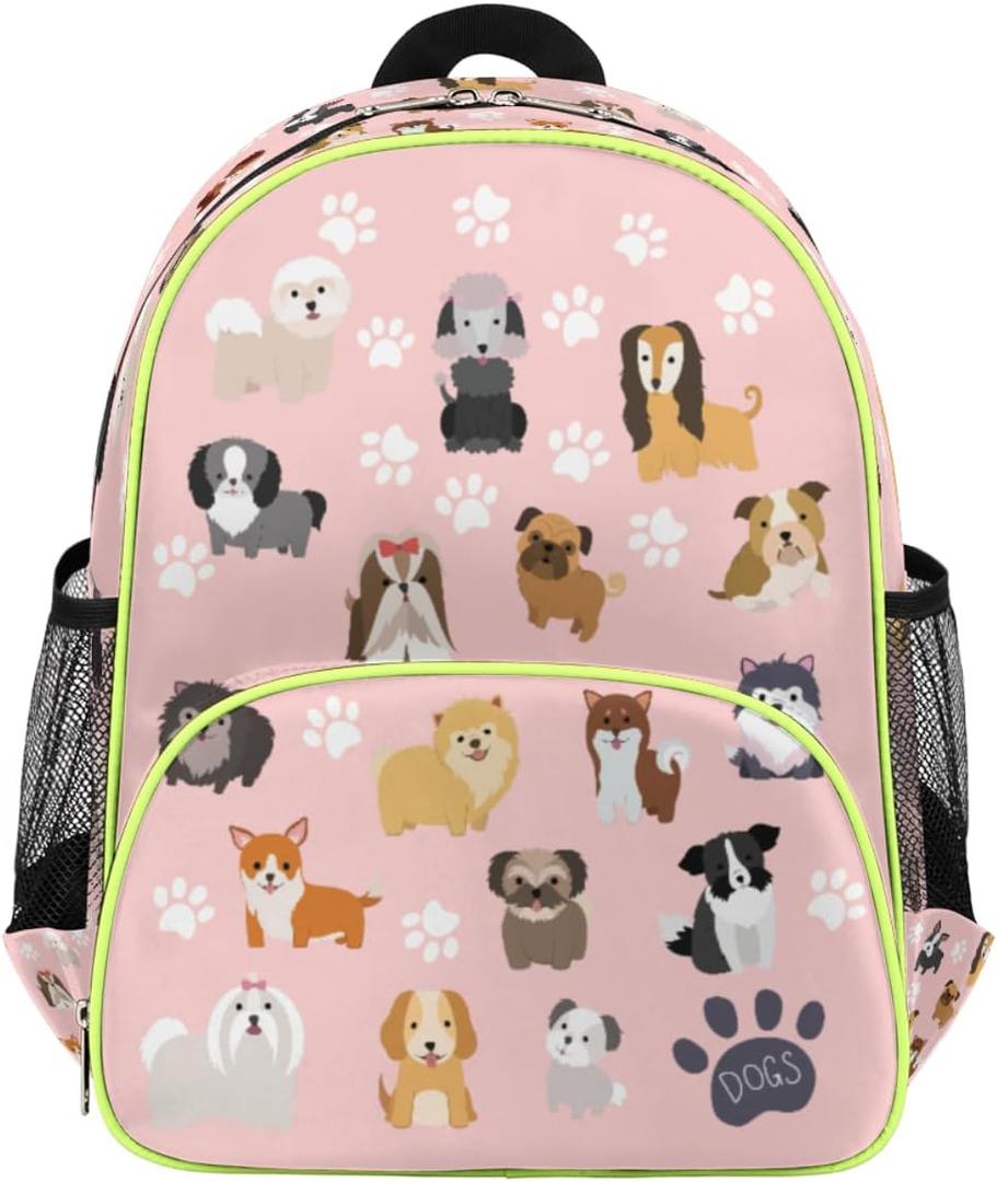 Dog Backpack for School Girls Kids,Puppy Pink Toddler Backpack Waterproof Casual Daypack Preschool Kindergarten Bookbag with Chest Strap for Back to School 14.2 In