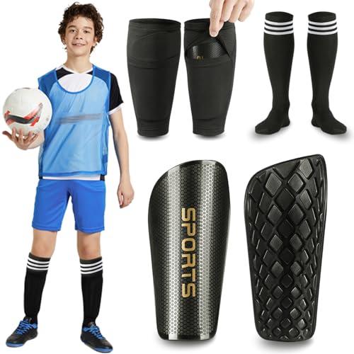 Soccer Shin Guards Toddler and Kids - Shin Pads Set with Shin Sleeves and Long Soccer Socks Teens Boys and Girls - Lightweight Football Equipment (M, Black)