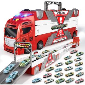 65-Inch Race Car Tracks and 20 Car Toys for Toddlers Boys Kids 1-3 4-7, Toy Trucks for Toddler 2 3 4 5 6 7 8 Years Old with Lights Sounds, Carrier Truck Toys Gift for Boys Girls Kids