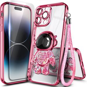 NGB Supremacy Compatible with iPhone 13 Pro Max Case (6.7 inch) with Tempered Glass Screen Protector/Wrist Strap, Liquid Floating Glitter Girls Women Kids Cute Case (Astronaut Rose Gold)