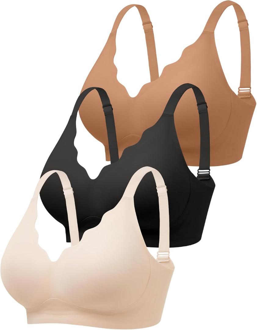 Wireless Jelly Bras for Women No Underwire with Support, Seamless Bralettes Everyday Comfort T-shirt Padded Bra, Medium, Black+skin+coffee
