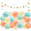 EpiqueOne 22-Piece Tissue Paper Pom Poms Party Set - Mint, Ivory & Peach | Includes 12 Pom Poms, 6 Paper Lanterns, 3 Honeycomb Balls & 1 6.5 ft. Garland | For Birthdays, Bridal or Baby Showers & More