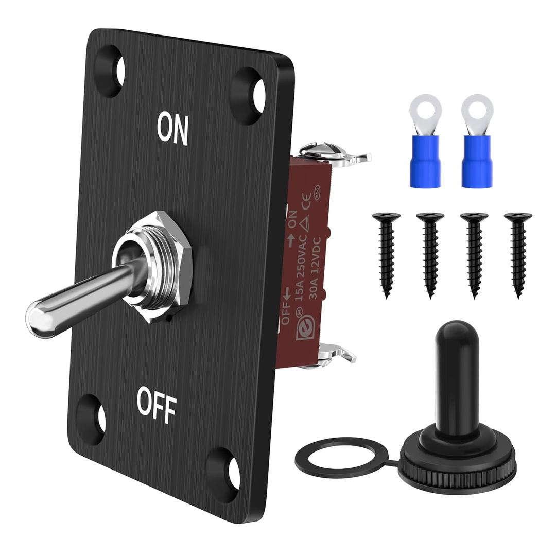 RVMARINEPAT Heavy Duty Toggle Switch 12V DC 30A Waterproof 2 Pin ON/Off SPST with Mounting Panel, Weatherproof Cap Cover for Auto Car Marine Boat