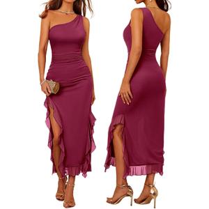 DRESSTELLS Women Formal Wedding Guest Long Cocktail Party One Shoulder Mesh Ruched Bodycon Maxi Ruffle Slit Dress (Red, L)