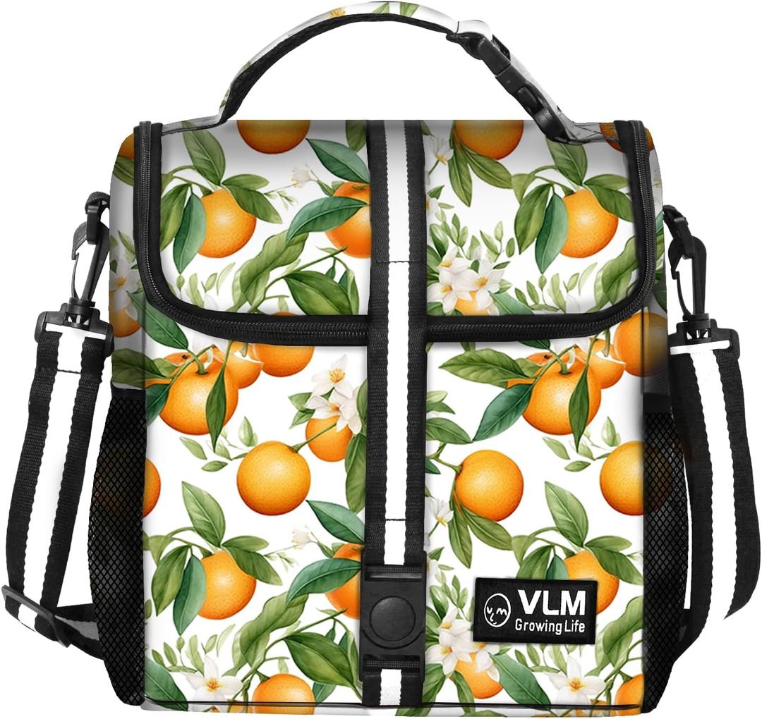 VLM Lunch Box for Women, Insulated Lunch Bag Women with Adjustable Shoulder Strap, Cute Lunch Tote Bag for Work,Picnic,Camping (Medium, Orange-White Pattern)