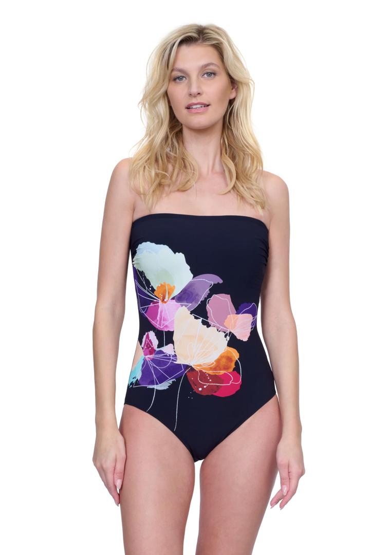 Gottex Enchanted Sun Women's Floral Multi Bandeau One Piece Swimsuit with Soft Cups and Tummy Control Adjustable Straps, 10