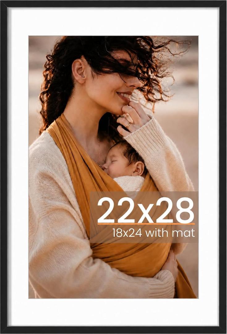 22x28 Picture Frame, Photo Frame with HD Plexiglass, Display Pictures 18x24 with Mat or 22x28 Without Mat for Wall Display, Wall Hanging Photo Frame,1 Pack, Black