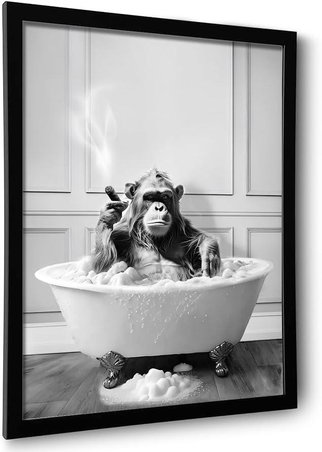 Framed Bathroom Decor Wall Art, Chimpanzee in Bathtub, Black and White Wall Art, Funny Bathroom Wall Decor Signs, Cute Animal Art Decoration (Framed,16''x20'')