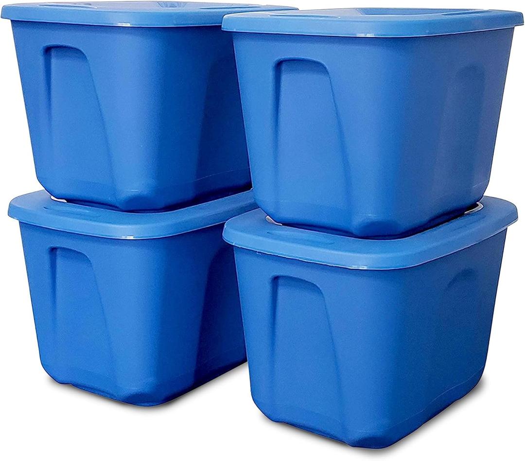 HOMZ 4-Pack Durable Molded Bin, Plastic Storage Containers w/Lids, 10 Gallon, Blue - Stackable Organizer Totes and Boxes for Bedroom, Kitchen, and Garage Organization