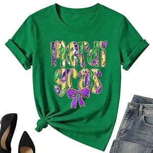 Mardi Gr Bow Shirt for Women – Fat Tuesday Short Sleeve New Orleans Party Tee Tops XL