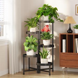 LASZOLA 5 Tiered Plant Stand Indoor Outdoor with Plastic Tray, Corner Folding Tall Flower Display Rack, Modern Plant Holder Shelf for Outdoor Patio Porch Garden Office Living Room, Black