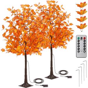 KOL 6FT 2-Pack Artificial Lighted Maple Tree with 288 Warm White Fairy LED Lights, Indoor Outdoor Home Party Thanksgiving Christmas Decor, Dense Faux Maple Leaves with Timing Remote 8 Flashing Modes