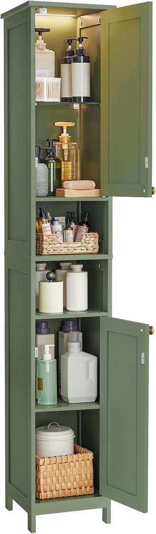 VASAGLE Tall Storage Cabinet with Lights, Slim Freestanding Cabinet with Adjustable Shelves, for Small Spaces, Bathroom, Living Room, Modern, 11.8 Inches Wide, Forest Green UBBC566C01