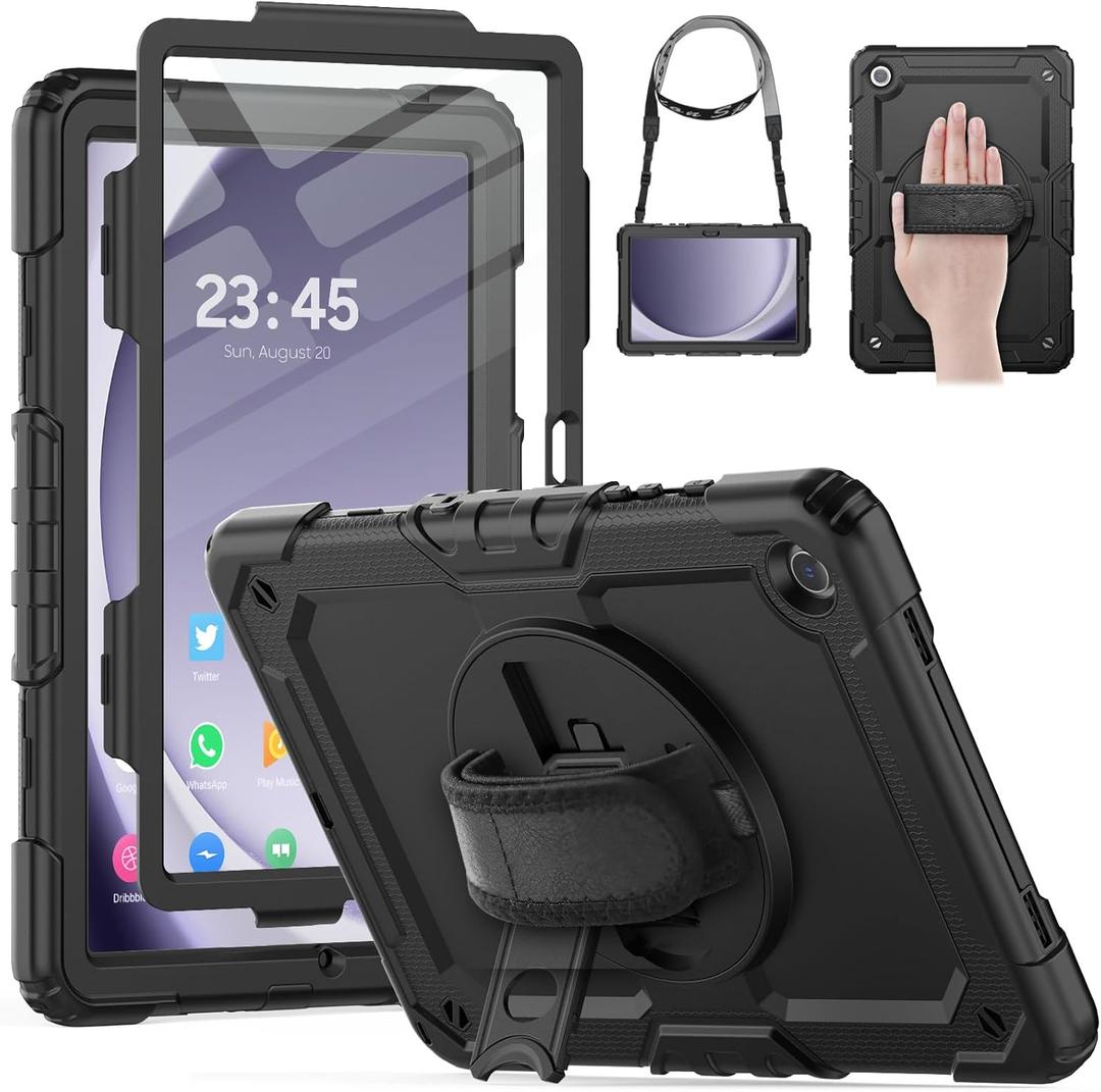 HXCASEAC Case for Samsung Galaxy Tab A9+ Plus 11 Inch, Protective with Screen Protector/Hand Strap/Pen Holder, Sturdy Shockproof for Samsung A9 Plus Tablet Case SM-X210 SM-X216 SM-X218 - Black (Black/Black)