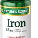 Natures Bounty Iron 65mg, 325 mg Ferrous Sulfate, Cellular Energy Support, Promotes Normal Red Blood Cell Production, 1 Serving Per Day, Gluten Free, 100 Vegetarian Tablets