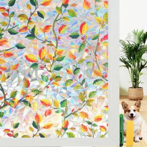 Window Privacy Film Stained Glass Rainbow Window Film with Installation Kits, 3D Static Cling Decorative Windows Decals, UV Blocking & Heat Control Non-Adhesive (Leaf, 17.5" x 78.7")