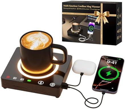 Mug Warmer Cordless 180 Min Battery Life - 10000mAh Portable Charger, Wireless Coffee Cup Warmer for Desk, 3 Temp Settings, Smart Candle Heat Plate for Home, Office, Travel, Camping & Gifts for Men