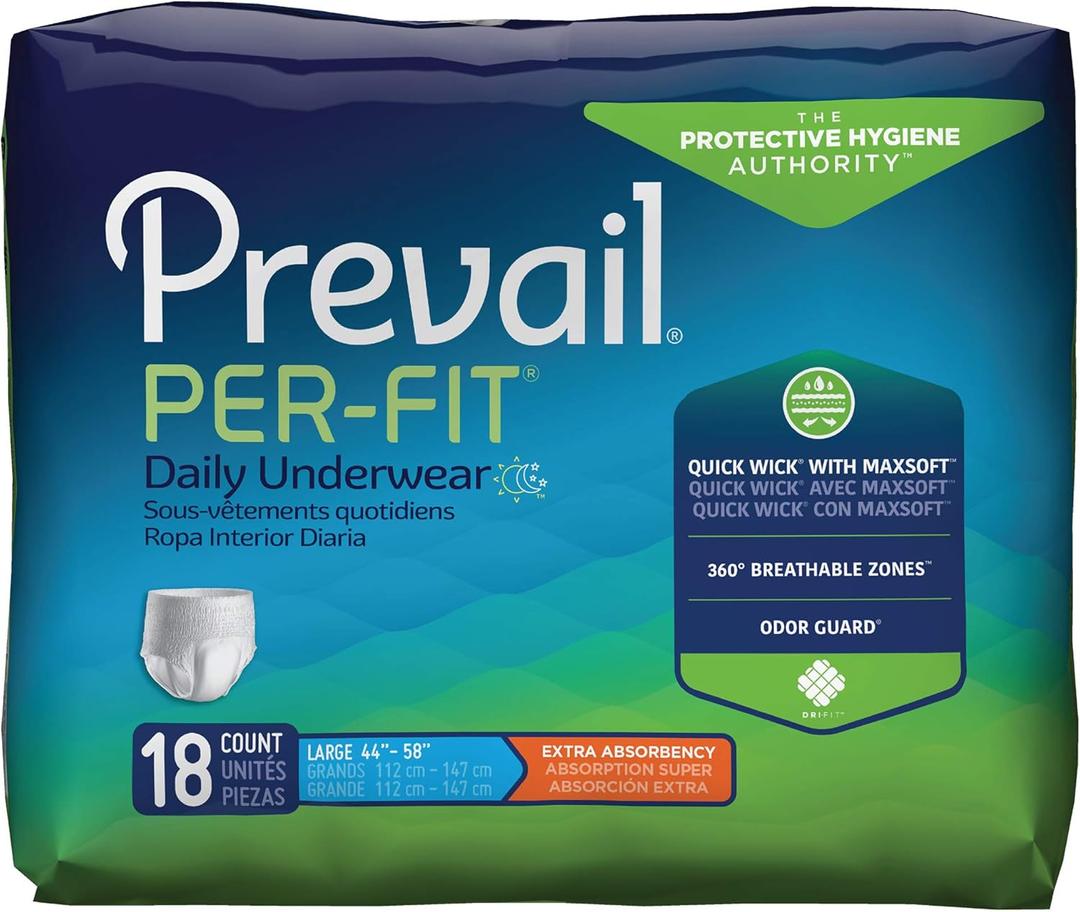Prevail Per-Fit Daily Protective Underwear, Unisex Adult Disposable Adult Diaper for Men & Women, Extra Absorbency, Large, 18 Count Bag