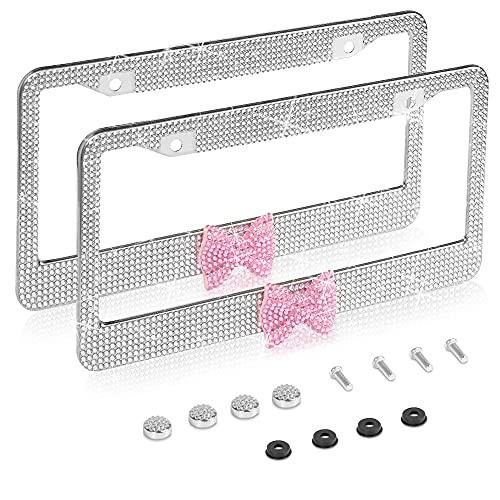 2 Pack Bling License Plate Frame，Handcrafted Bling Rhinestone Premium Stainless Steel License Plate Frame，14 Facets Clear Color Rhinestone Crystal (Silver&Pink-Bow)
