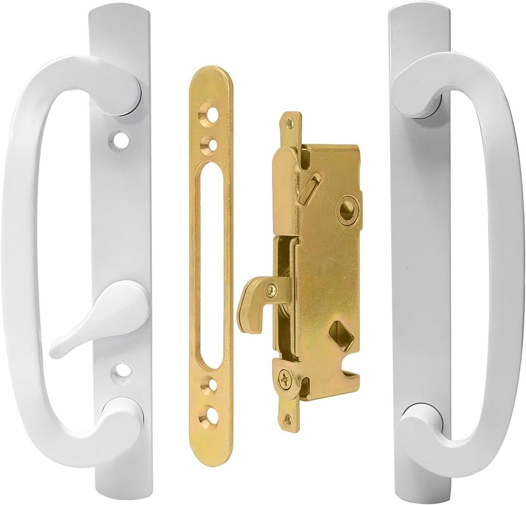 LWZH White Patio Sliding Glass Door Handle Set - Reversible Design Sliding Door Handle Fits 1-3/8" to 2-1/4" Thick Doors, 3-15/16" Hole Centers, 45 Keyway