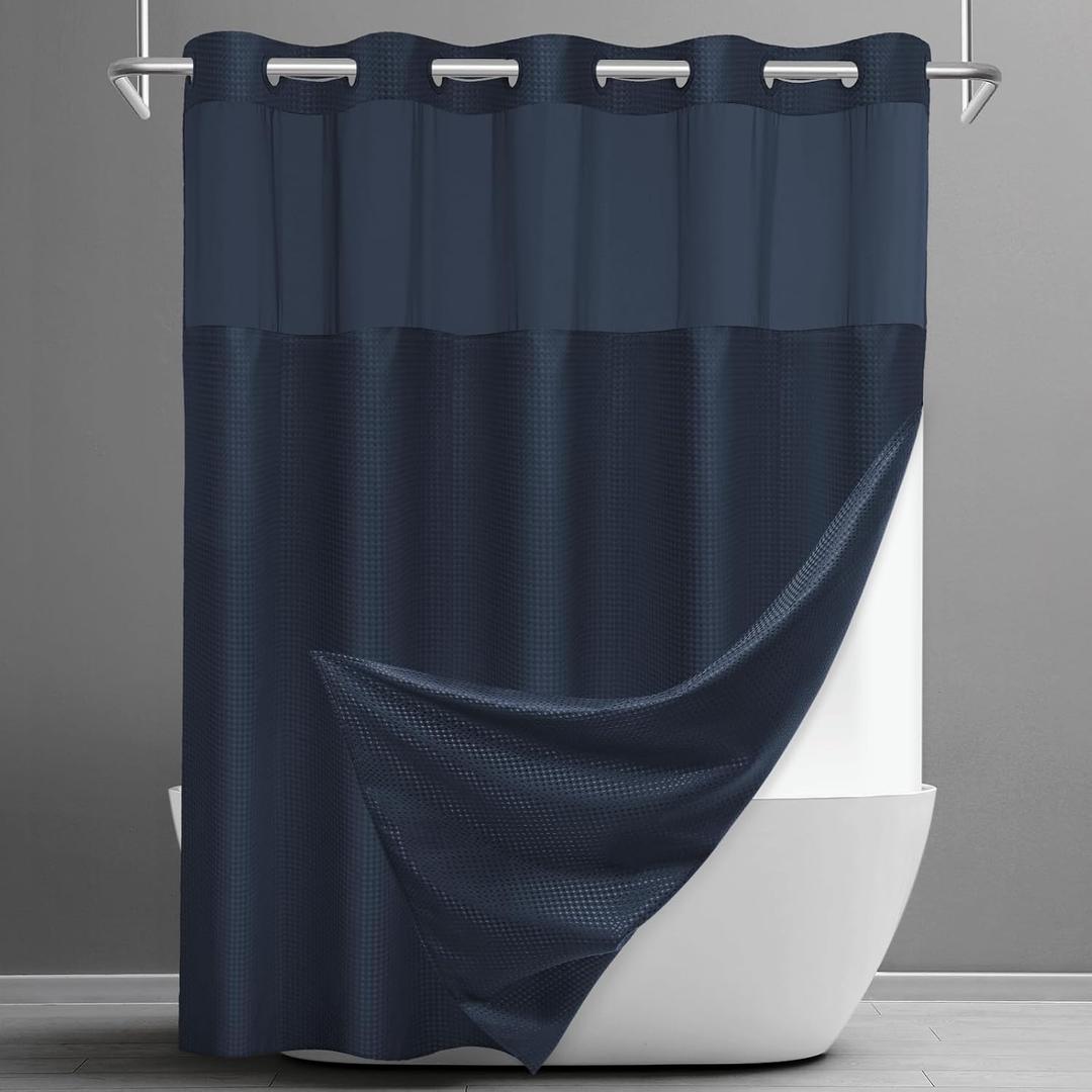 SORTTO No Hook Shower Curtain with Snap in Liner Set Waffle Shower Curtain for Bathroom Hotel Style Fabric Waterproof Inner Liner71" W x 74" H, Navy Blue