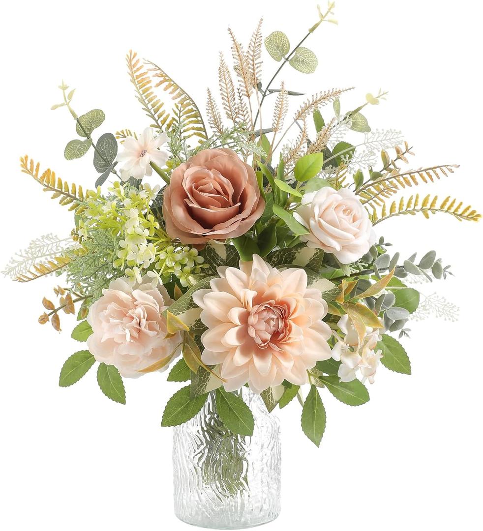 Serra Flora Faux Flowers with Vase,Artificial Silk Roses in Vase,Table Centerpieces for Dining Room, Silk Flower Arrangements for Home, Living Room Bathroom Plant Decor, Centerpiece Table Decorations (Nude Color)