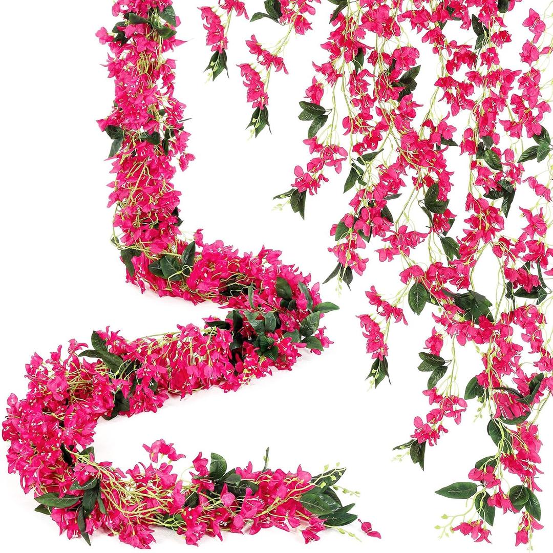 12 Pcs 70.8" Artificial Bougainvillea Flowers Garland Totally 70.87 ft Fake Silk Bougainvillea Vines Long Plant Faux Wreaths for Centerpieces Runner Wedding Arch Wall (Rose Red)