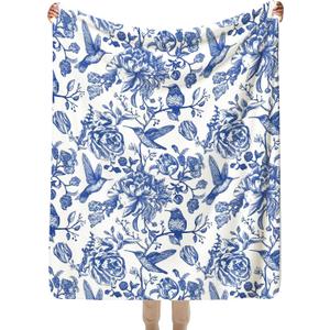 SPBL&L Vintage Blue and White Chinoiserie Floral Blanket, Grandmillennial Floral Bird Botanical Throw Blanket for Bed Couch Bedroom Living Room, Grandmillennial Home Decor, Chinoiserie Decor