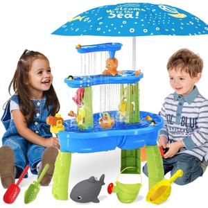 BELLOCHIDDO Water and Sand Table with Water Pumb & Umbrella - Summer Toys 3-Tier Kids Water Play Table, Outdoor Toys for Boys Girls (Blue)
